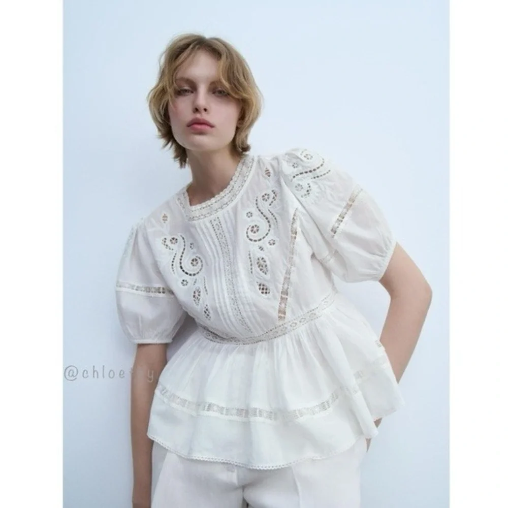 Zara Blouse Womens XL White Eyelet Embroidery Lace Peplum Boho Puff Sleeve Top
